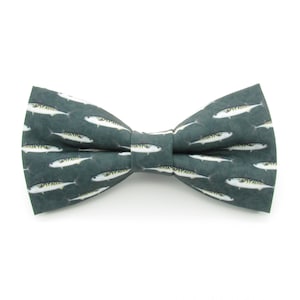 May include: A dark green bow tie with a pattern of white fish.