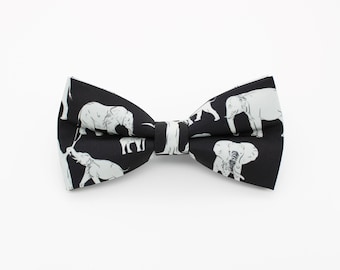 Black Elephant Print Bowtie - Black Safari Animal Lover Gift | Handmade Jungle Pattern Bow Tie | Wildlife Wedding Accessory