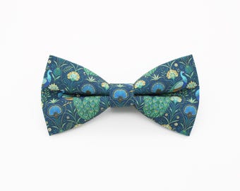Peacock Print Bowtie - Teal Art Nouveau Wedding Accessory | Handmade Bird Pattern Bow Tie | William Morris Inspired Style