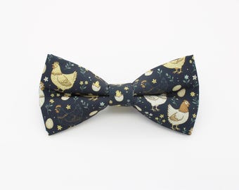 Chicken Print Bowtie - Navy Hen & Egg Pattern | Handmade Farm Animal Bow Tie | Chicken Lover Gift | Country Style