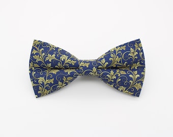 Navy Blue Baroque Bowtie - Gold Damask Patterned Wedding Accessory | Handmade Ornate Scroll Bow Tie | Classic Formal Style