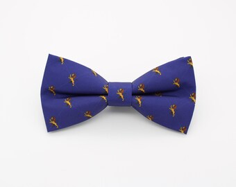 Navy Blue Lion Print Bowtie - Gold Heraldic Lion Motif Patterned Bowtie