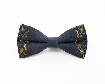 Navy Blue & Gold Baroque Bowtie - Elegant Ornate Pattern Bowtie | Gothic Vintage Style Bow Tie | Dark Formal Wedding Accessory