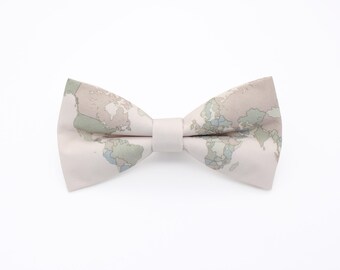 World Map Bowtie - Neutral Vintage Travel Print | Handmade Map Bow Tie | Traveller Gift | Geography Lover Accessory