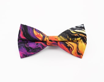Vibrant Marbled Ink Patterned Bowtie - Purple Orange Abstract Swirl Gift | Handmade Fluid Art Bow Tie | Festival Bowtie