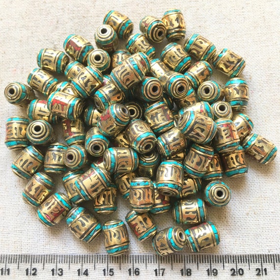 10 handmade Tibetan prayer beads nepal brass beads with turquoise inlay 10 handmade Tibetan prayer beads nepal brass beads with turquoise inlay