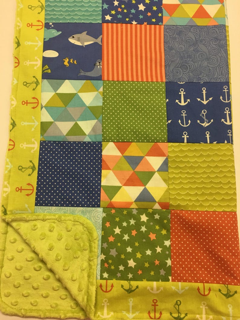 Minky Nautical Gender Neutral Patchwork Baby or Toddler Blanket