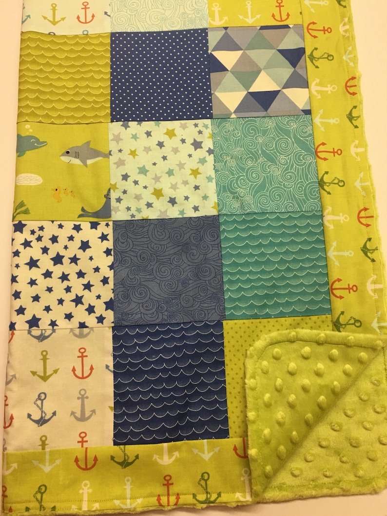 Minky Nautical Gender Neutral Patchwork Baby or Toddler Blanket