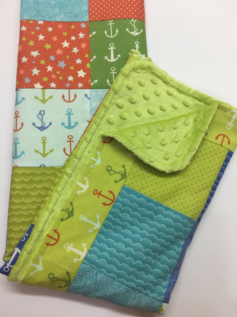 Minky Nautical Gender Neutral Patchwork Baby or Toddler Blanket