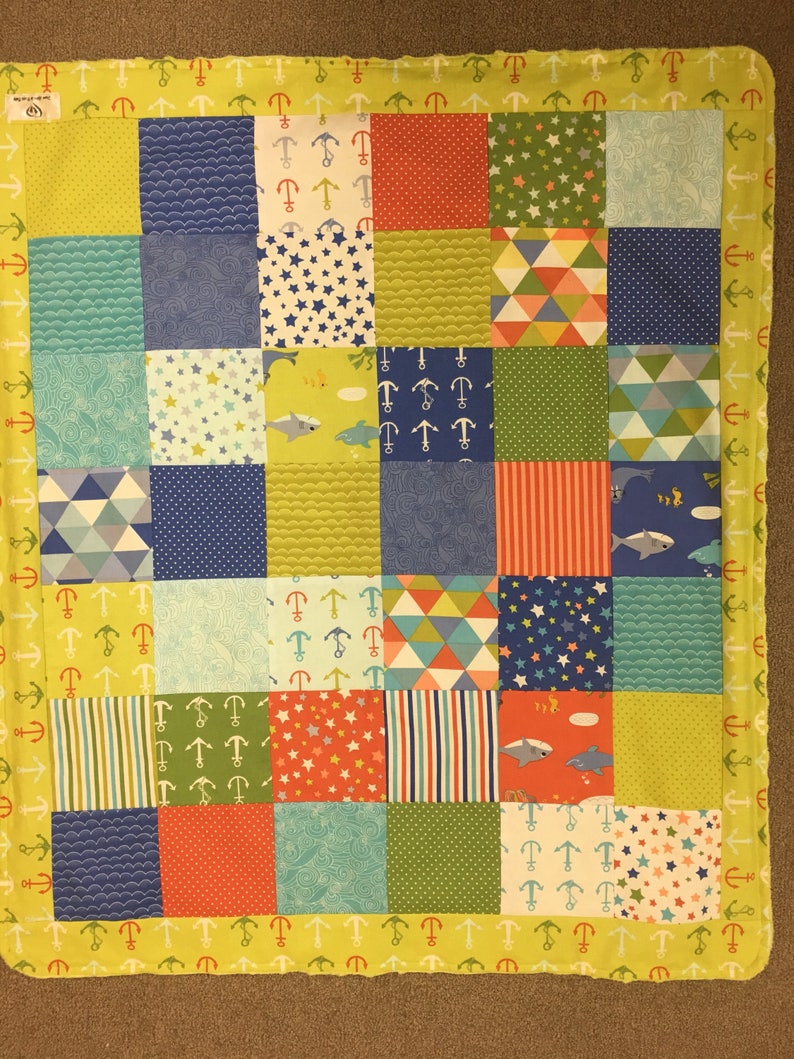 Minky Nautical Gender Neutral Patchwork Baby or Toddler Blanket