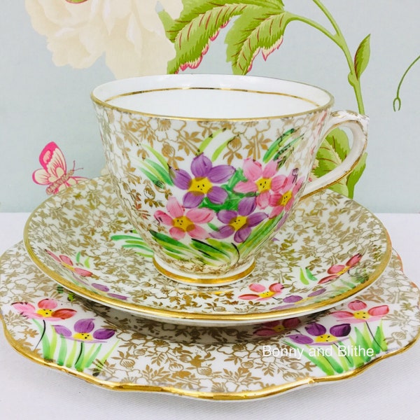 Phoenix China Vintage English Bone China Gold Chintz Hand Painted Floral Tea Cup Trio