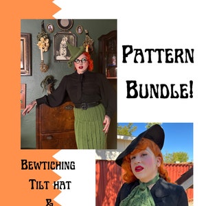 May include: A pattern bundle for a green felt tilt hat and a green crocheted scarf called "Bewitching Tilt Hat & Tangled Web Scarf".