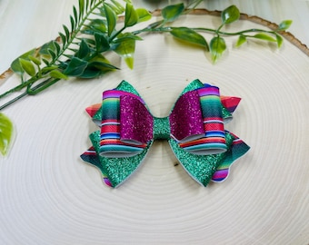 Green Glitter Hair Bow, Serape Ribbon, Pink Bow