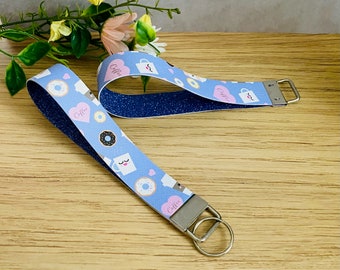 Faux Leather Glitter Wristlet Keychain, Coffee & Donuts Print