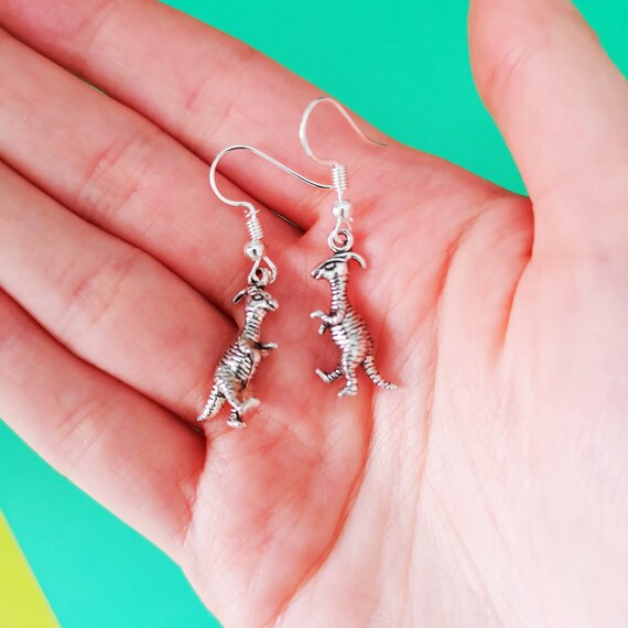Parasaurolophus Dinosaur Earring Studs Handmade in Sterling Silver
