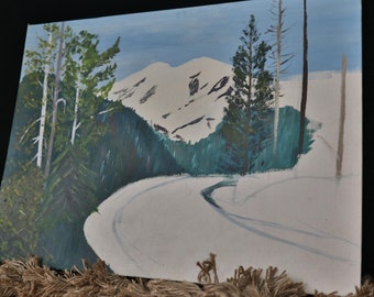 Mid Century Original Winter Scene Painting Oil on board
