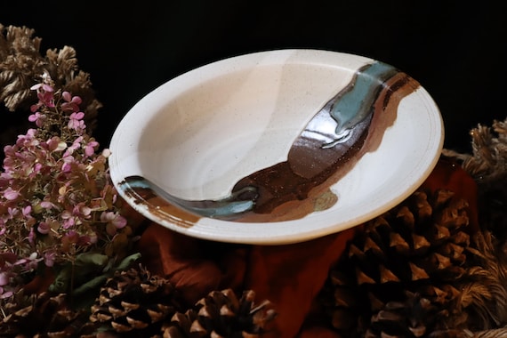 Earthenware Pottery Serving Bowl Handmade White Beige Brown With Blue stripe