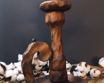 1970's Rustic Brutalist Style Wood Candlestick Holder