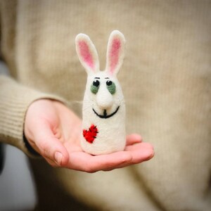 Valentines day gift. Needle felting bunny. Mini felt figure toy. Merino wool bunny with red heart. Art hadmade small rabbit toy. Custom toy