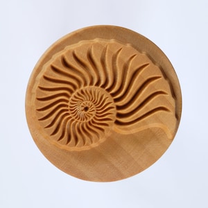 以下が含まれることがあります： ナウティラスの貝殻を詳細に彫刻した木製のスタンプ。貝殻は薄い茶色で、らせん状のパターンが刻まれています。