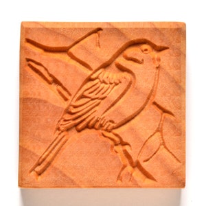 Puede incluir: Una talla de madera de un pájaro posado en una rama. La talla es detallada y realista, con las plumas del pájaro y la textura de la rama claramente visibles.
