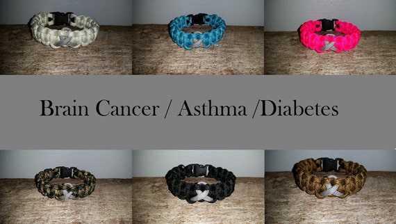 Brain Cancer / Asthma / Diabetes Awareness 550 paracord survival bracelet gray grey ribbon