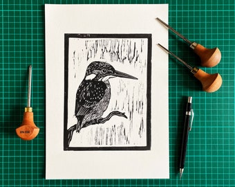 Kingfisher Lino Print - Linocut Bird Art