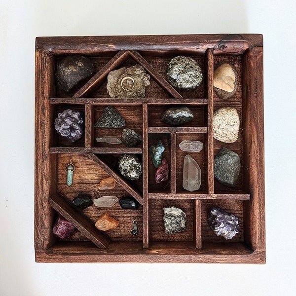 Crystal Display Tray, Wood Jewelry Tray with Sections, Handmade Divided Storage Box, Boho Rock Box, Rustic Crystal Collector's Organizer