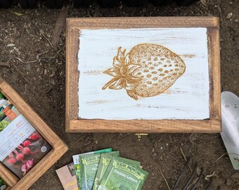 Seed Storage Box with Engraved Strawberry Lid | Personalized Wooden Seed Packet Organizer | Gardener Gift