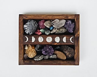 Reclaimed Wooden Crystal Display Tray with Lunar Cycle - Cottagecore Mineral or Jewelry Tray with Moon Phases