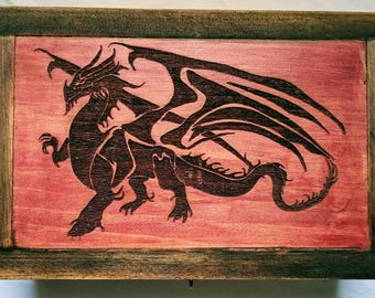 Handmade Engraved Dragon Wooden Box, Rustic Fantasy Keepsake Chest, Jewelry Crystal Storage Box