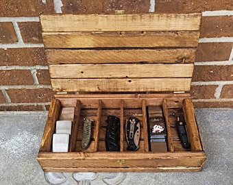 Rustic Divided Wood Pocket Knife Box with Six Compartments - Small Knife Collector's Case with Personalized Engraving