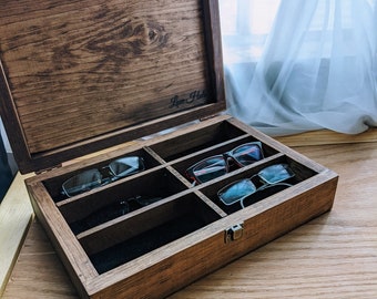 Eyeglass Storage Box, Spectacles Case, Divided Storage Case, Rustic Wooden Box with 6 Sections, Personalized Engraved Velvet Lined Case