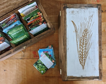 Wooden Seed Storage Box with Wheat Grain Engraving - Handcrafted Personal Seed Vault - Gardener Gift for Organizing and Saving Seed Packets