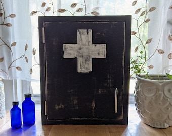 Black Spice Cabinet, Apothecary Cabinet, Medicinal Herb Storage, Wall Mounted Medicine Cabinet with White Cross, Farmhouse First Aid Cabinet