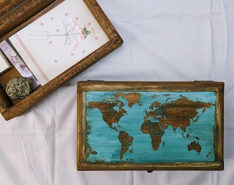 Rustic Wood Engraved World Map Box with Aqua Painted Ocean, Bright and Colorful Travel Gift - Great for Weddings, Anniversary, or Graduation