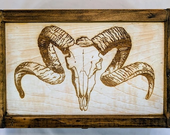 Ram Skull Engraved Wooden Keepsake Box – Reclaimed Wood Jewelry Case
