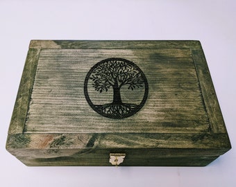 Tree of Life Box, Wooden Jewelry Box, Sacred Tree Box, Divided Storage Case, Green Wood Box, Jewelry Storage, Engraved Personal Growth Box