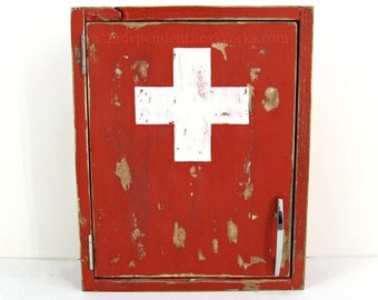 Distressed Red Medicine Cabinet - Handmade Painted White Cross First Aid Cabinet - Custom Emergency Supply Cabinet - Small Bathroom Storage