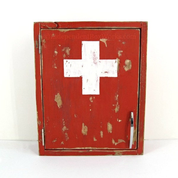 Distressed Red Medicine Cabinet - Handmade Painted White Cross First Aid Cabinet - Custom Emergency Supply Cabinet - Small Bathroom Storage