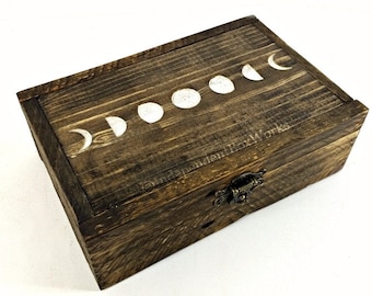 Rustic Wooden Moon Phase Jewelry or Crystal Box with Divider Options - Finished in Dark Walnut with Optional Interior Engraving