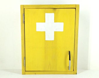 Bright Yellow First Aid Cabinet with White Cross, Small Bathroom Cabinet, Medicine Cabinet, Wooden Emergency Supply Cabinet, Boho Home Decor