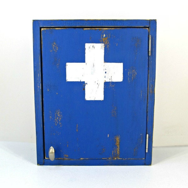 Blue Rustic Wooden Cabinet with First Aid Cross | Handmade and Distressed