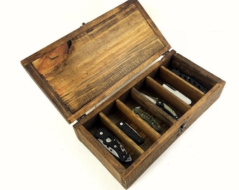 Divided Wooden Pocket Knife Storage Case with 6 Sections - Personalized Knife Collection Box