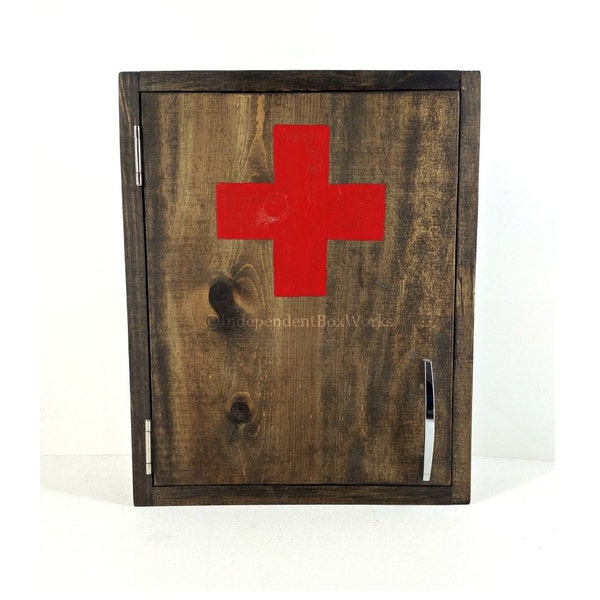Dark Wooden Medicine Cabinet, Rustic First Aid Cabinet with Red Cross, Wall Mount Apothecary Cabinet, Emergency Medical Cabinet