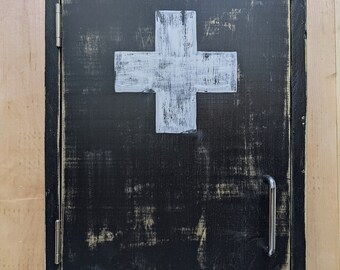 Handmade Black Distressed First Aid Cabinet, White Cross, Wall Mounted