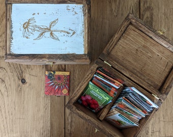 Handcrafted Wooden Seed Storage Box | Flower Design | Rustic Seed Packet Organizer and Gardener's Gift