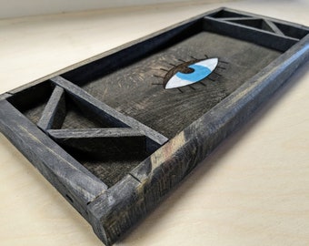 Handcrafted Ebony-Stained Wooden Tray with Third Eye Design - Ideal for Tarot and Crystal Enthusiasts