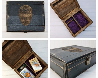 Tarot Card and Crystal Storage Case Engraved with Third Eye Image, Rustic Wooden Box in Distressed Black with a Purple Velvet Lining