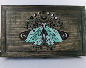 Celestial Luna Moth Engraved Wooden Box - Handcrafted Pagan Jewelry Storage, Boho Photo Keepsake, Cottagecore Decor - Customizable Interior